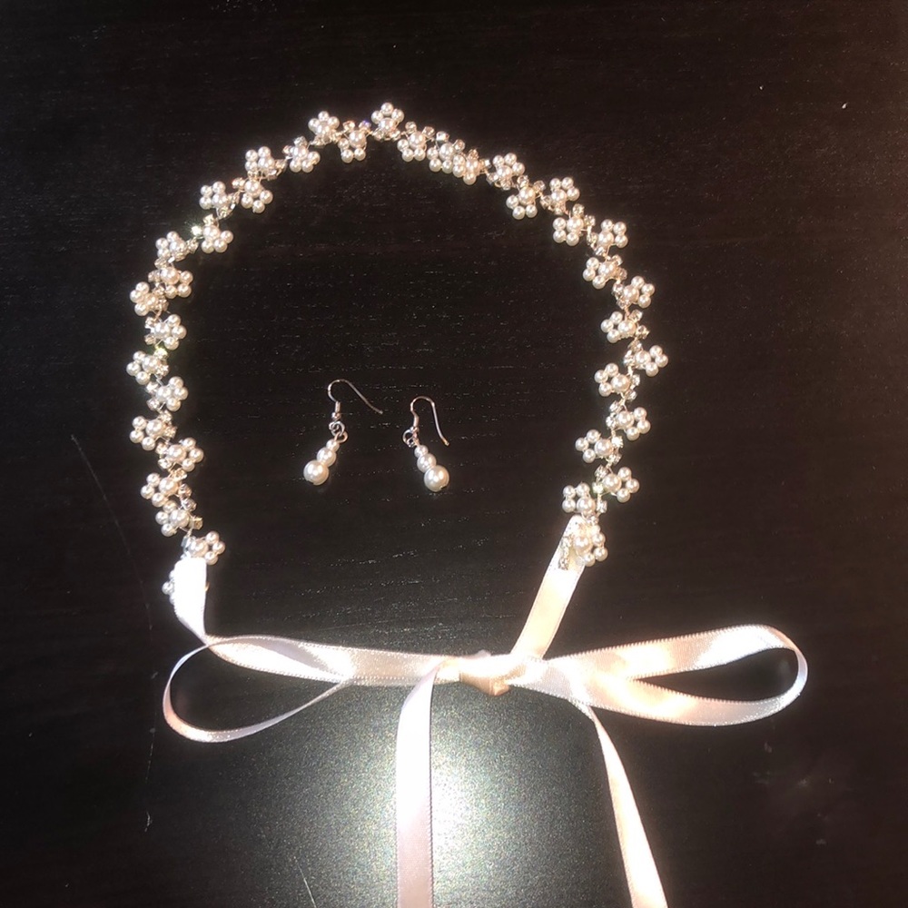 Bridal Headpiece & Earrings - Pearl & Rhinestone